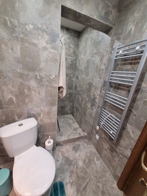 A small bathroom with gray marble tiles, a wall-mounted towel radiator, a toilet, a toilet paper holder, and a shower area with a curtain partially drawn.